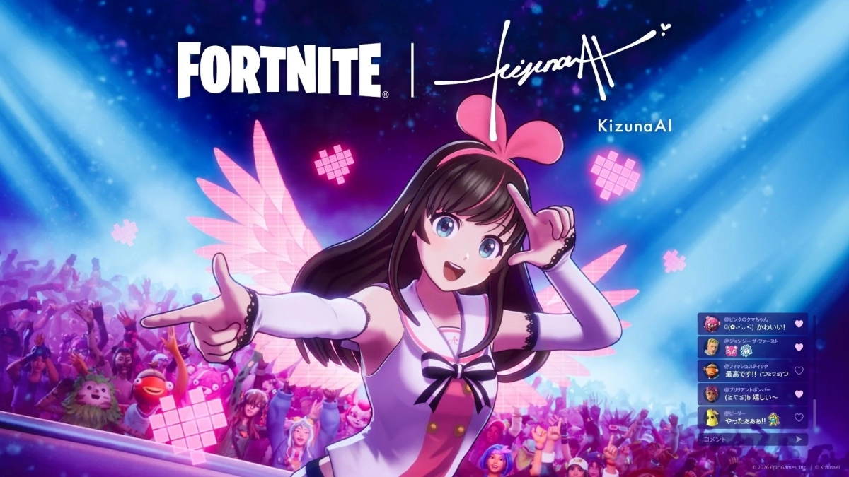 Kizuna AI performing in Fortnite with audience