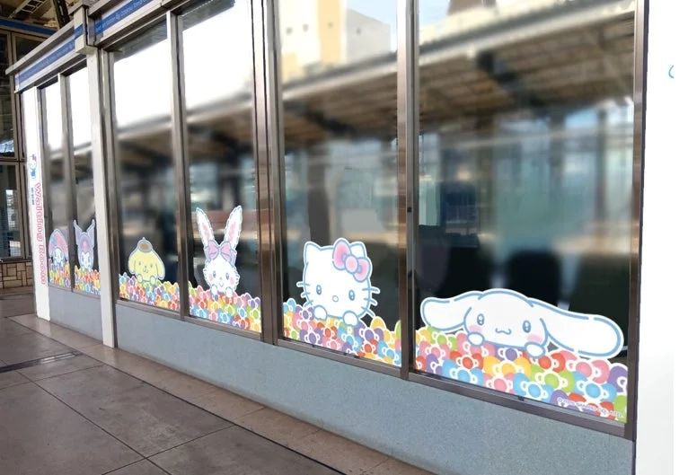 Sanrio characters decorating a waiting room at Odakyu Tama Center Station