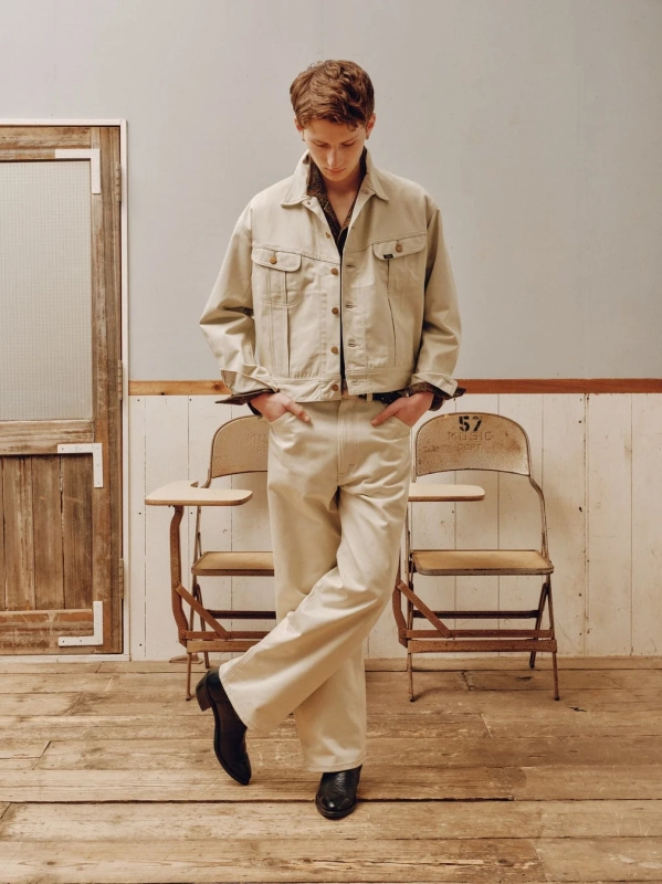 Male model in Lee x ChahChah beige casual set