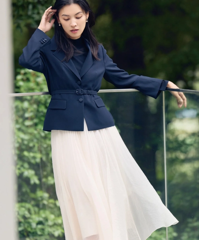 New Standard collection piece: Navy jacket and white long skirt