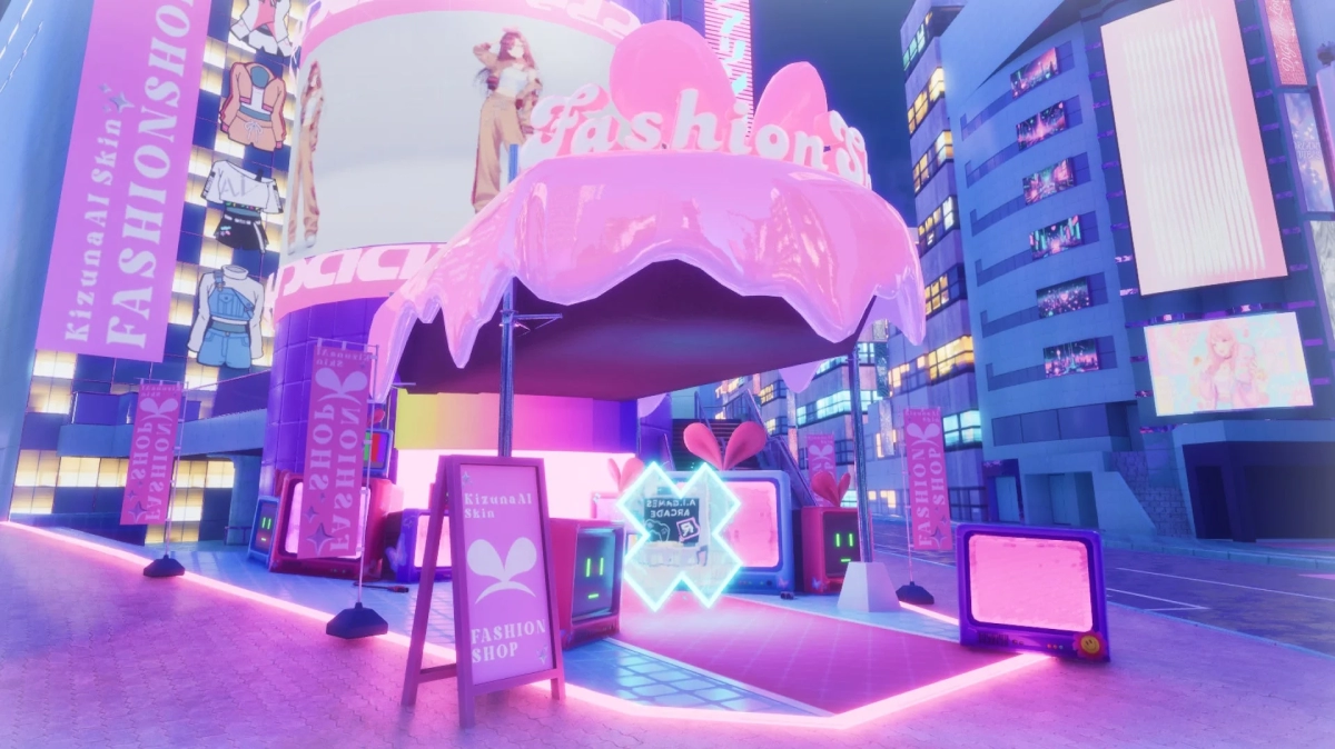 Kizuna AI Skin fashion shop in a neon-lit city