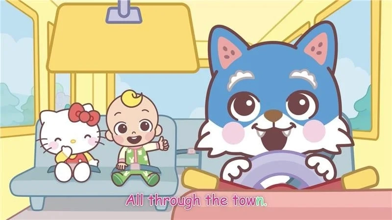 JJ, Hello Kitty, and Boba Bear in a bus