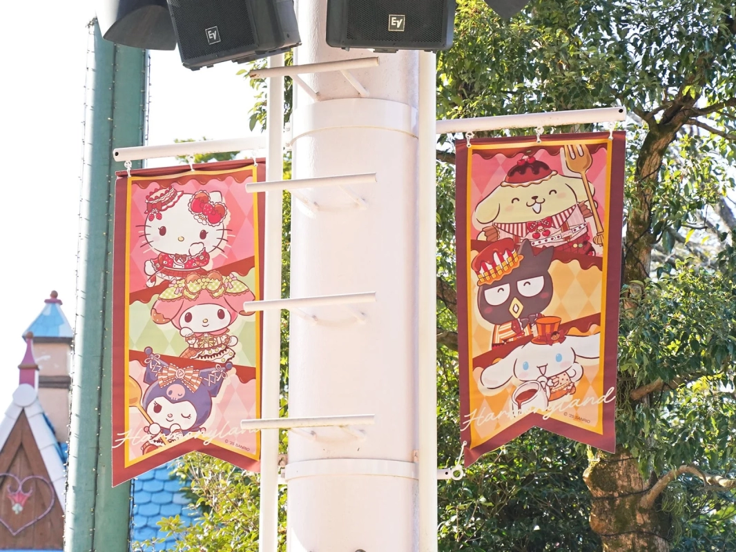 Sanrio characters on sweet-themed banners