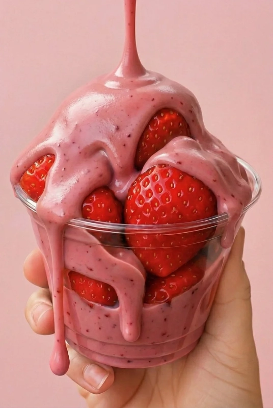 Strawberries with pink sauce