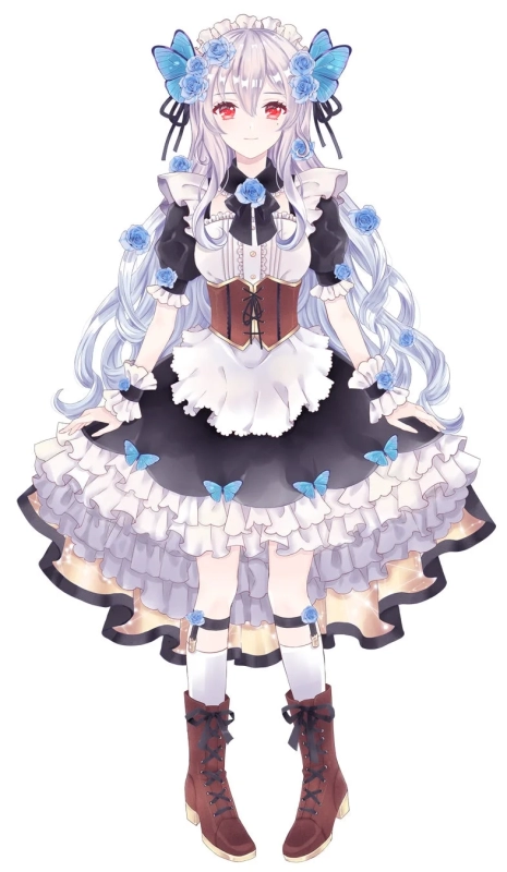 アニメキャラクターがフリルと蝶の装飾が施されたメイド服を着ている