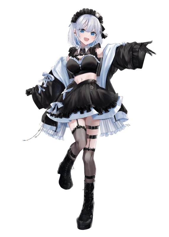 アニメスタイルの少女がゴシック調のメイド服を着て笑顔でポーズ