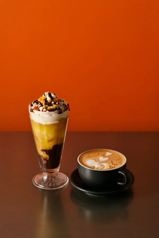 Layered dessert drinks with whipped cream and chocolate sauce, alongside a coffee cup with heart latte art, set against an orange background.