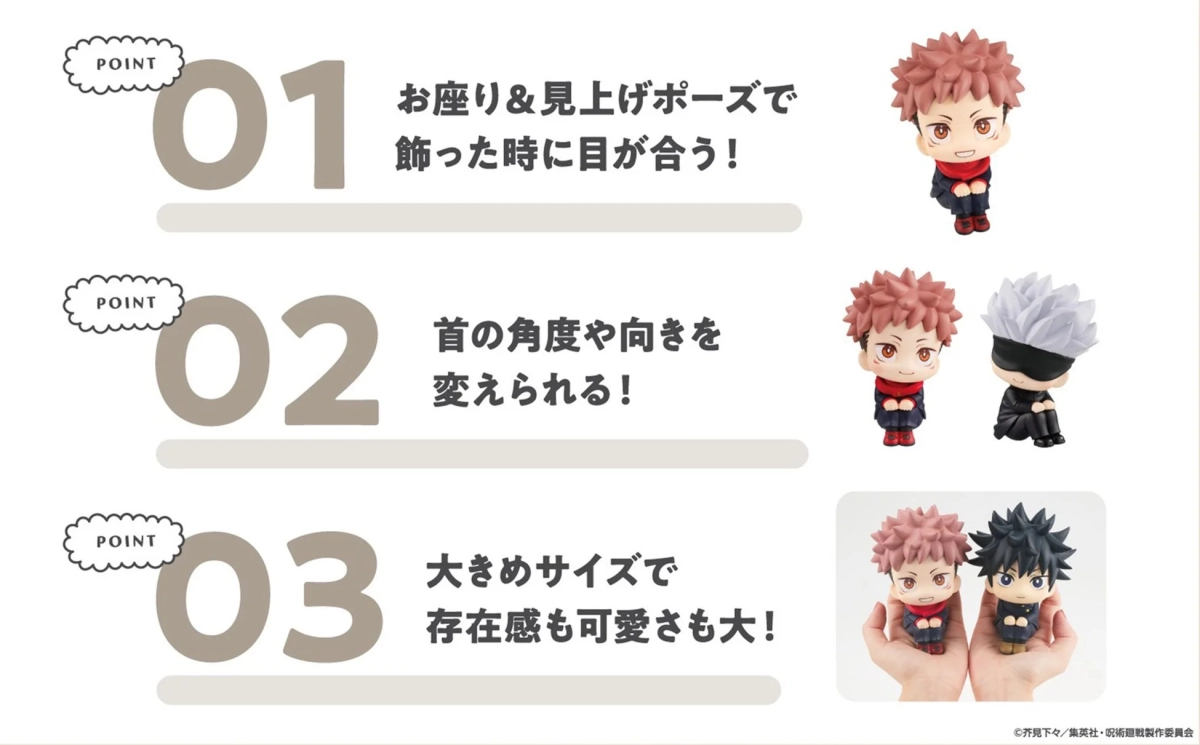 Features of lookup figures showing sitting and looking up pose, movable neck, and size