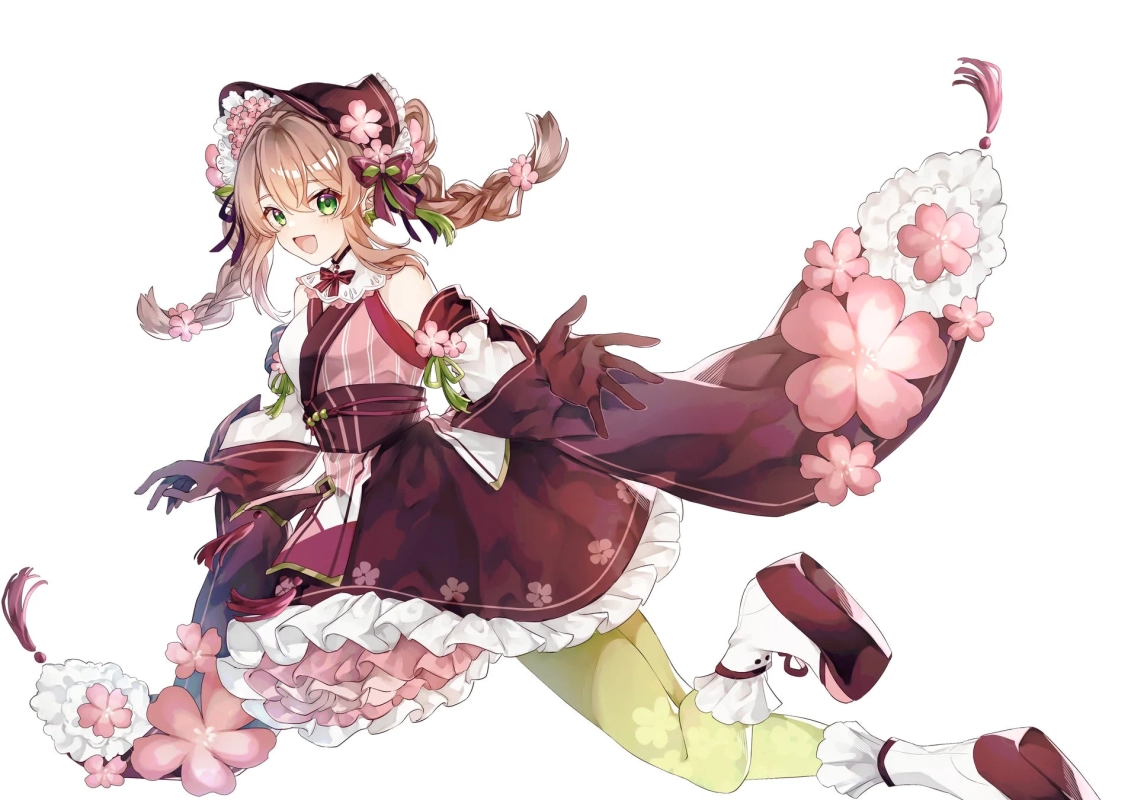 桜の花をあしらった華やかな衣装を身につけた、笑顔のアニメ少女のイラスト