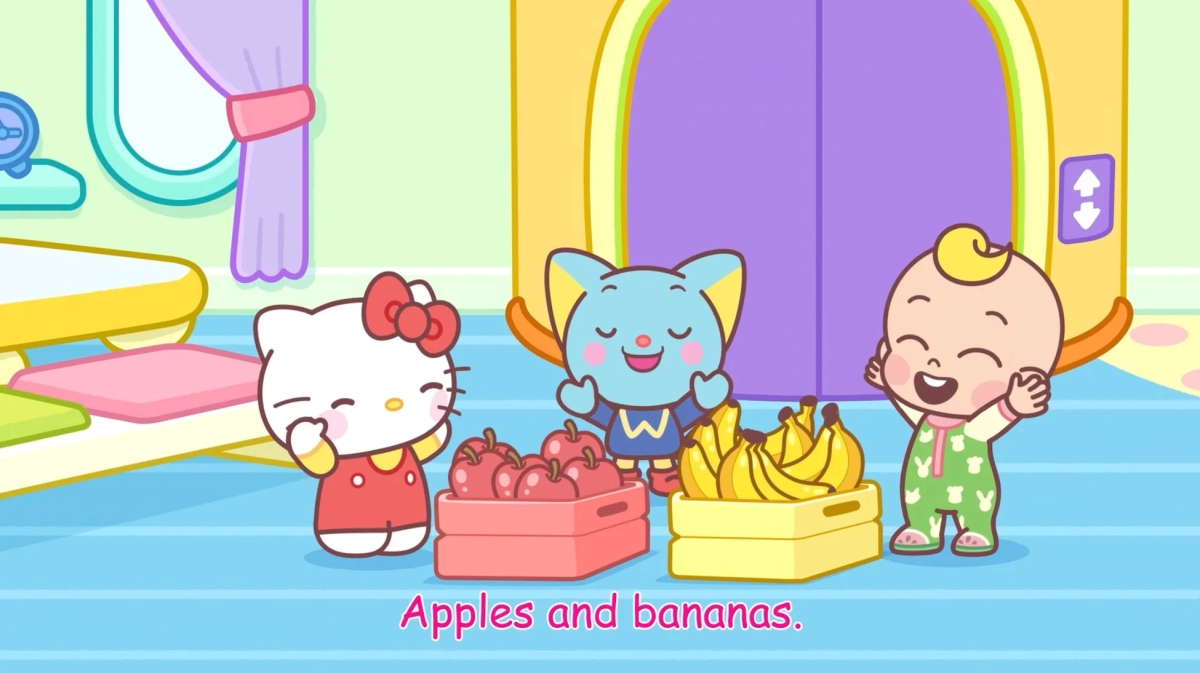 Hello Kitty, JJ, and Boba Bear with apples and bananas