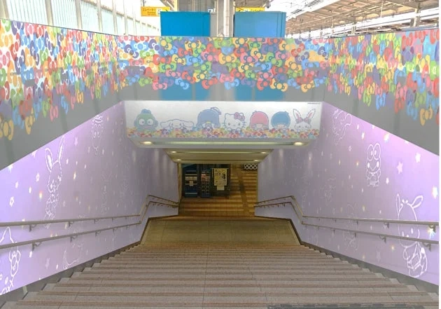 Sanrio characters decorating stairs at Odakyu Tama Center Station