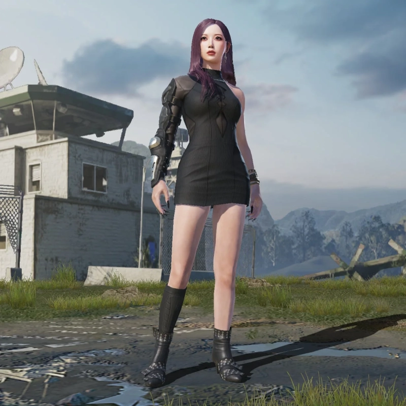 Purple hair, black dress, female character