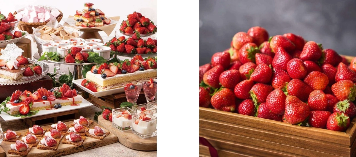 A vibrant display of various strawberry desserts and a large bowl of fresh strawberries, showcasing the abundance of a strawberry buffet.