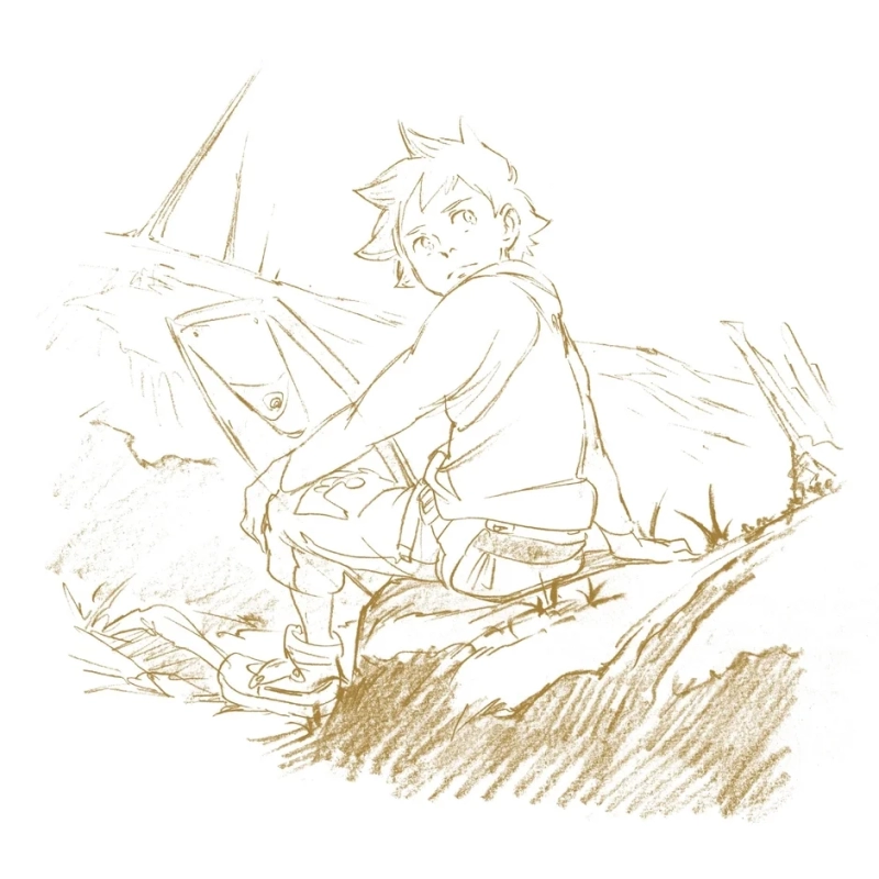 A boy with a hood sitting on a rock, looking back, in a sepia-toned sketch