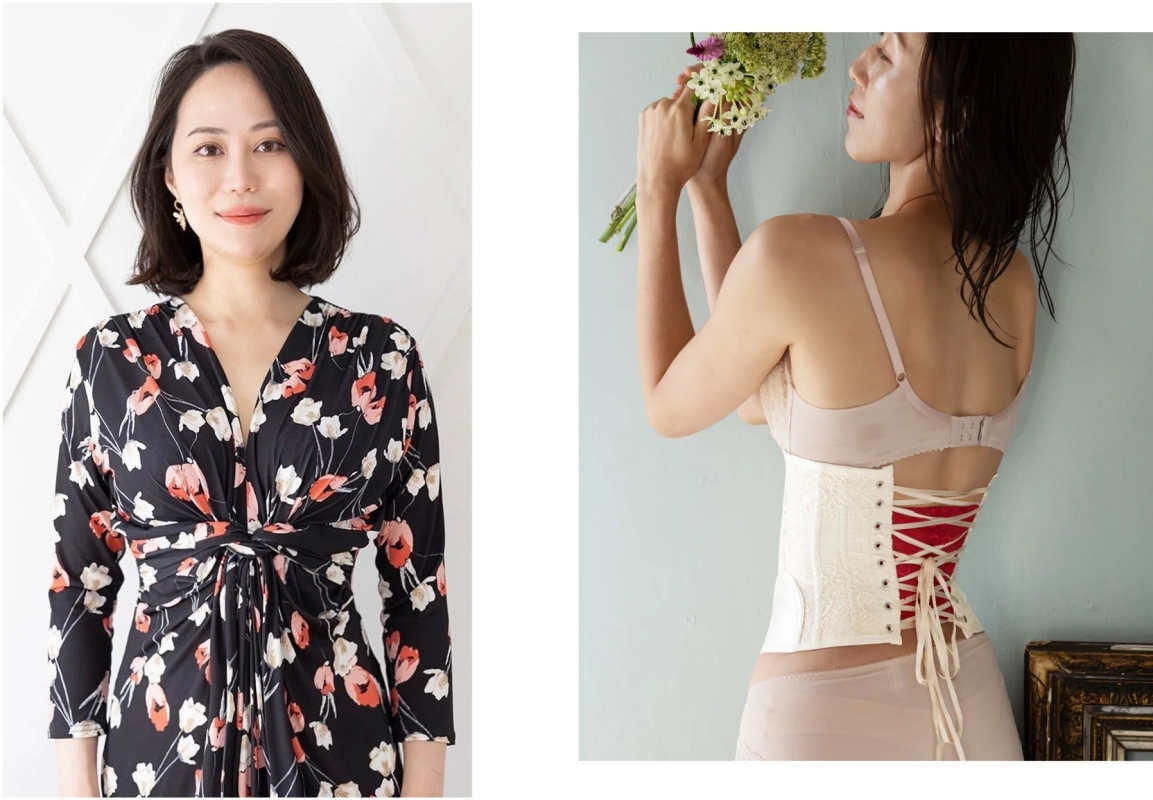 Left: Smiling woman in a black floral dress. Right: Woman from behind in a white lace-up corset with red lining, holding a bouquet