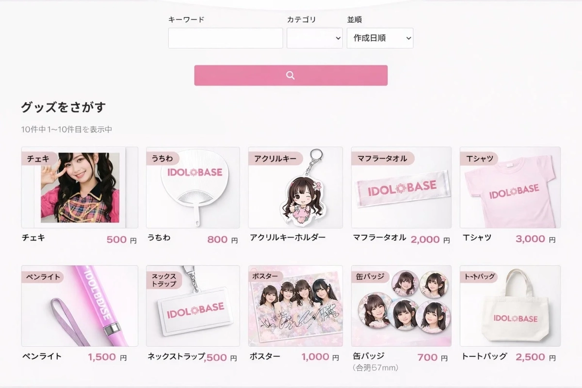 IDOL BASE merchandise store interface