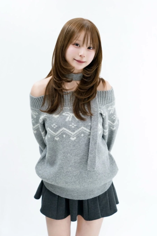 A young woman with long hair, wearing an off-shoulder sweater and mini skirt, smiling gently.