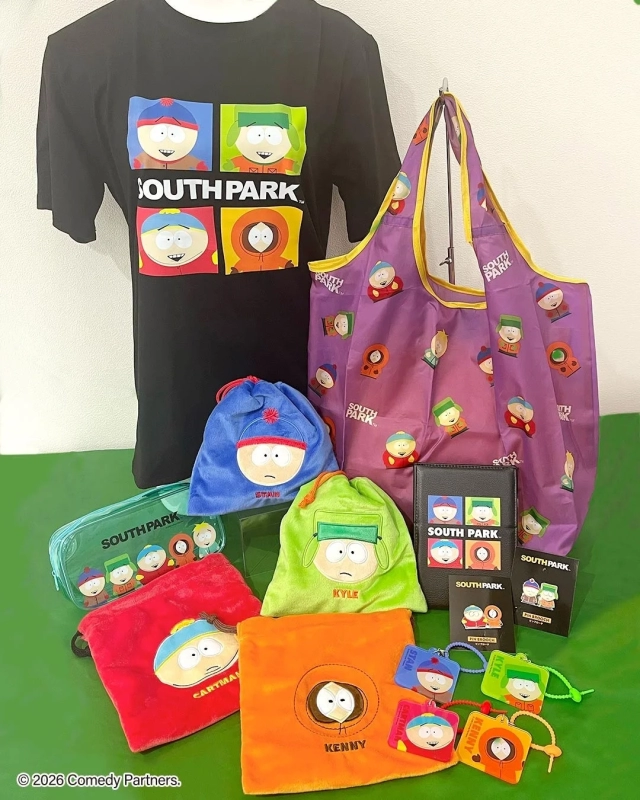 Various South Park character goods spread out