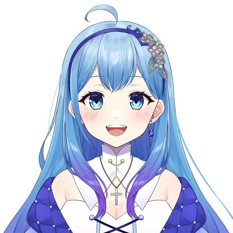 Hoshitsuki Neiro, a blue-haired VTuber with a flower headband and cross necklace