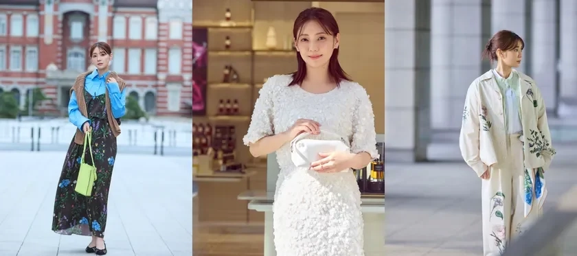A collage of a woman wearing different spring outfits, including a floral dress and a white dress.