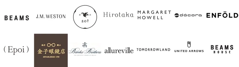 Logos of various fashion and lifestyle brands like BEAMS, J.M. WESTON, MARGARET HOWELL, Brooks Brothers, UNITED ARROWS.
