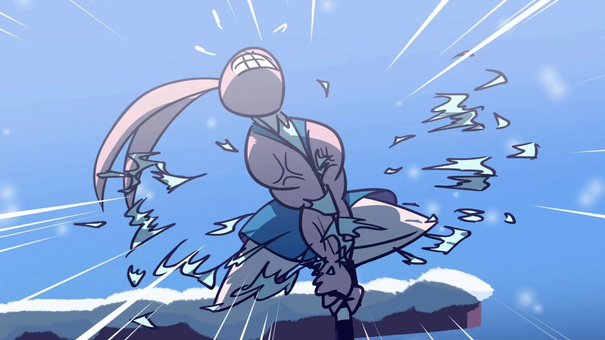 A powerful, muscular character in blue, breaking through ice and snow