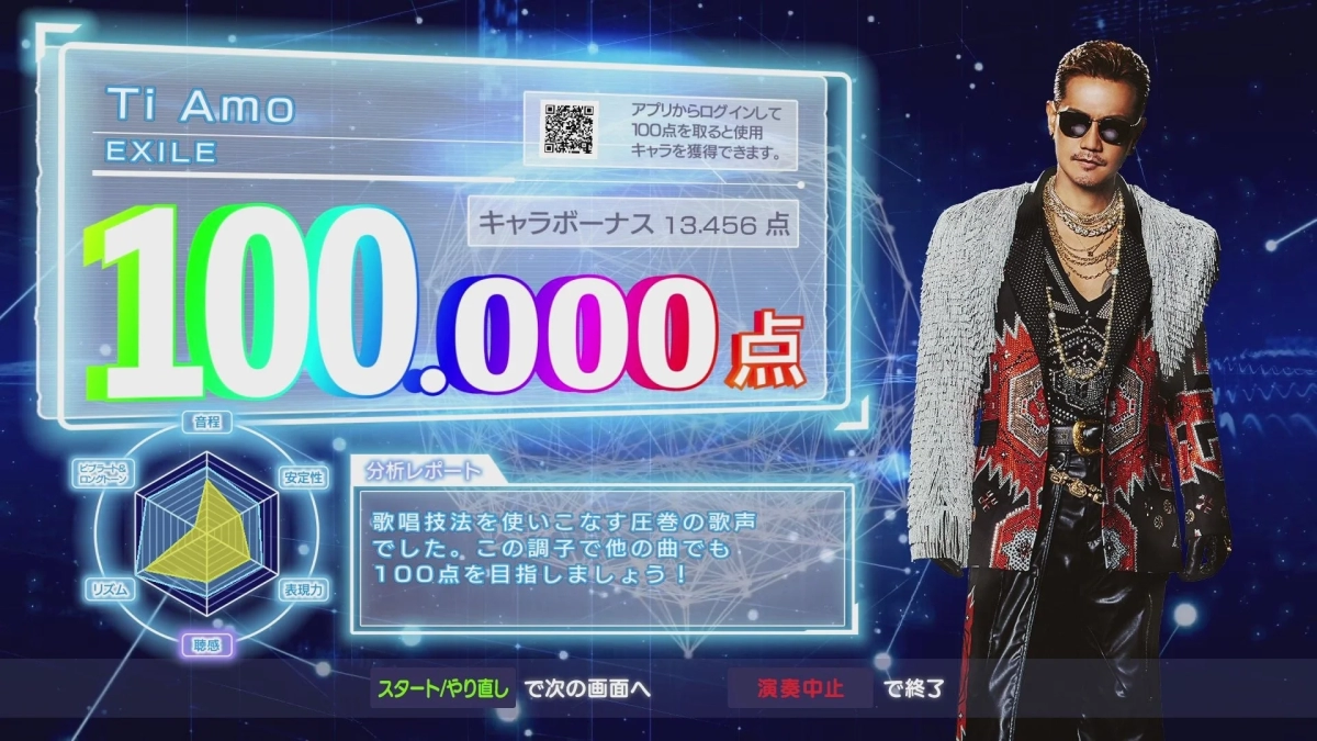Karaoke scoring screen showing 100,000 points for EXILE's 'Ti Amo' with character bonus.