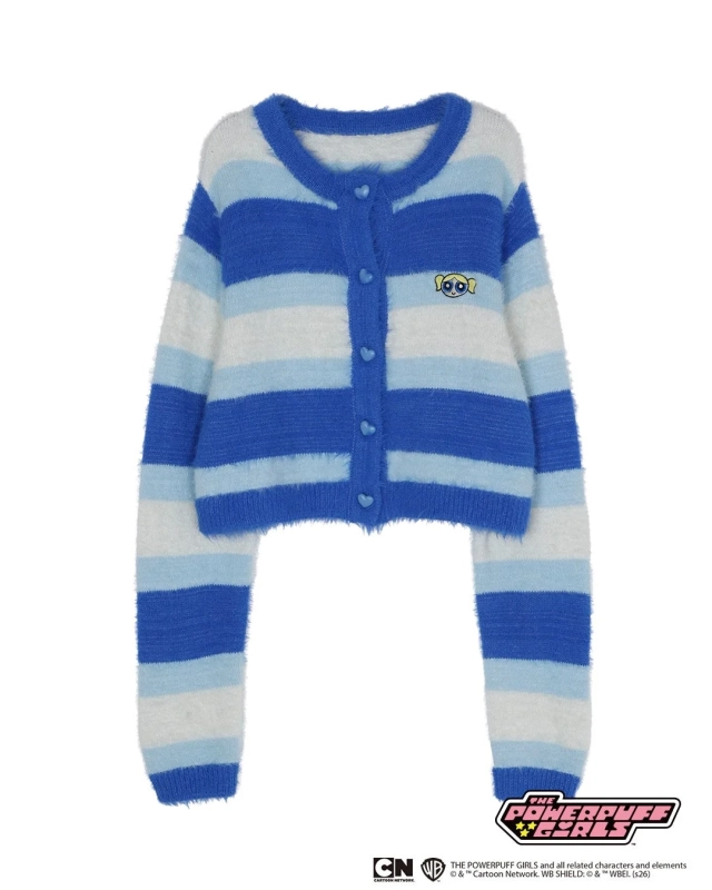 Powerpuff Girls Color Border Knit Cardigan (Blue)