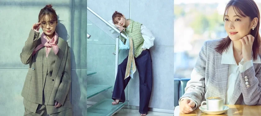 A woman posing in different fashion styles, from business to casual, indoors and outdoors.