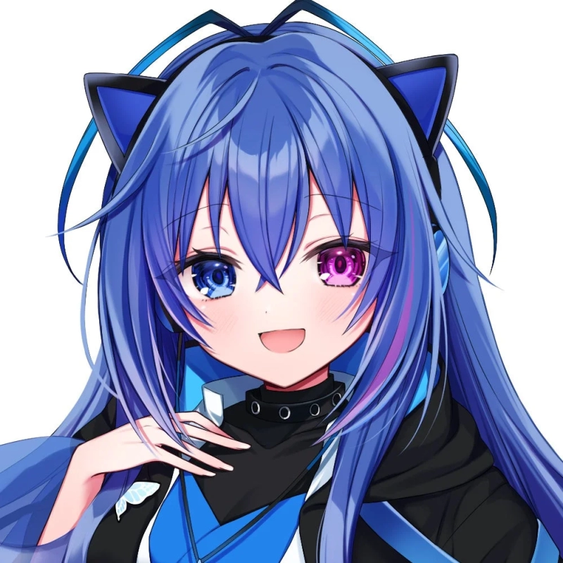 Lunatia Avinster, a blue-haired cat-eared VTuber with headphones and odd eyes
