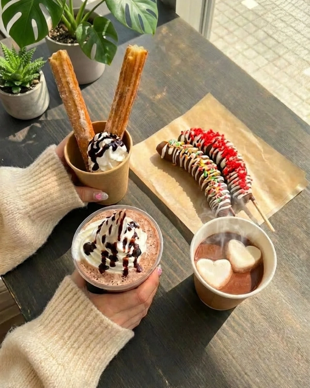 A table with churros, chocolate-covered bananas, and hot chocolate drinks with whipped cream and heart marshmallows.