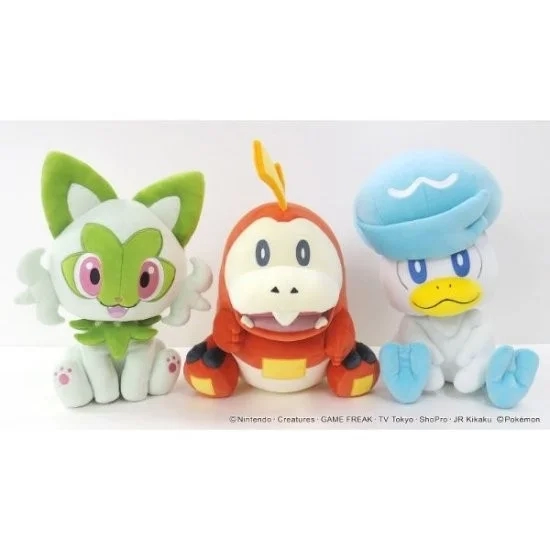 Sprigatito, Fuecoco, and Quaxly Potehagu plushies