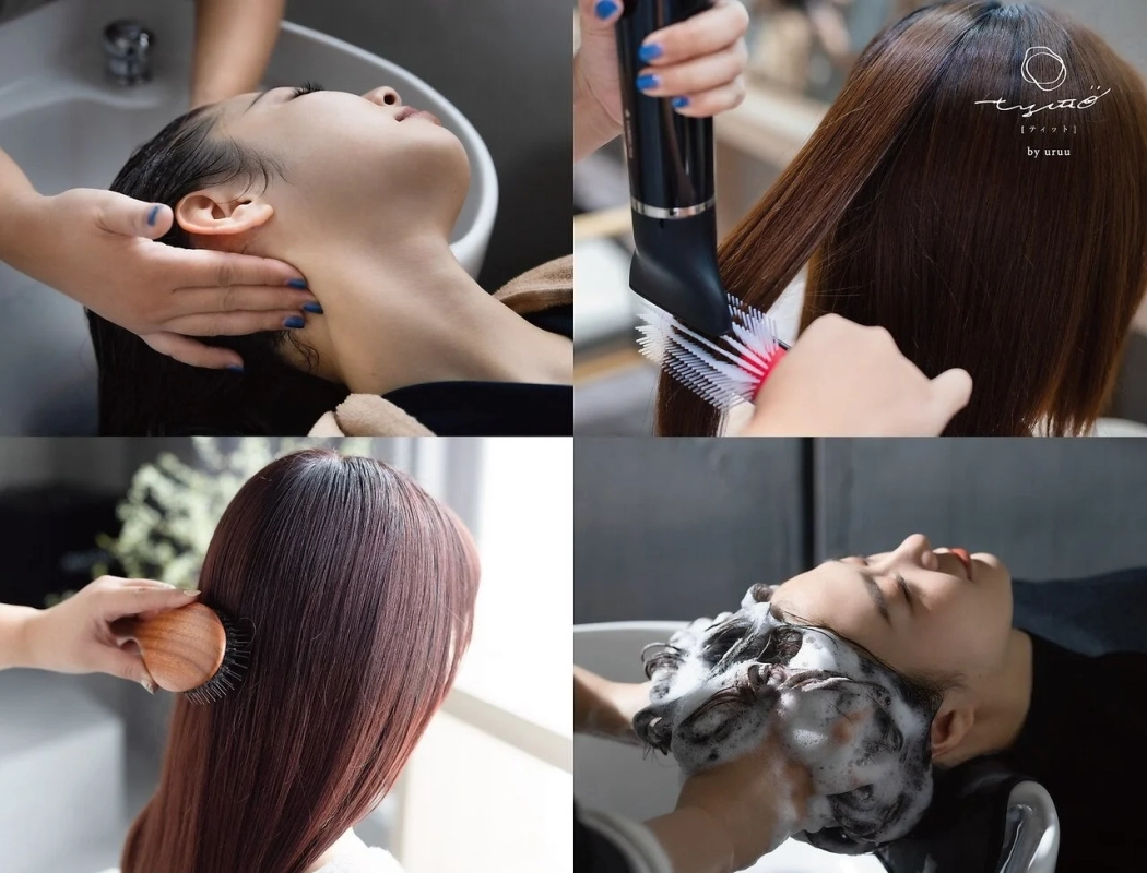 A sequence of images showing a woman receiving hair care: shampoo, neck massage, hair brushing, and blow-drying, emphasizing relaxation and professional service.