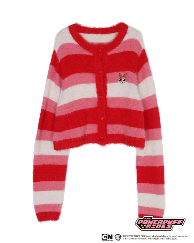 Powerpuff Girls Color Border Knit Cardigan (Red)