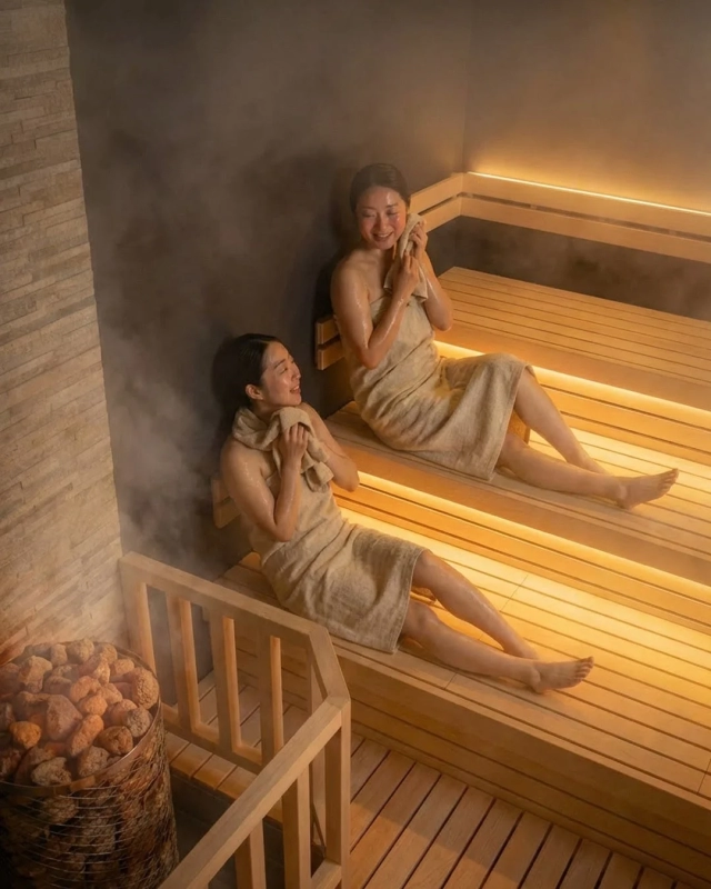 Women relaxing in a sauna at a bathhouse