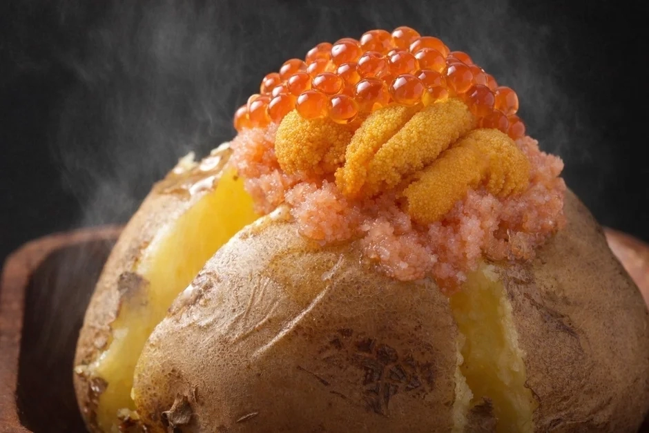 A baked potato generously topped with uni (sea urchin), ikura (salmon roe), and mentaiko (spicy pollock roe)