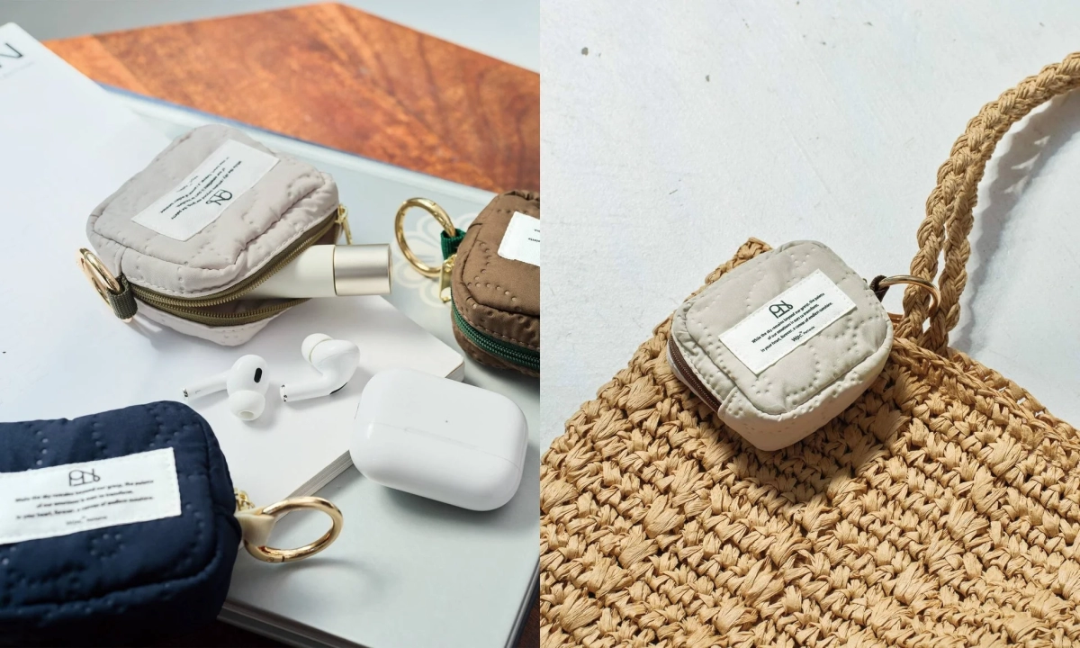 Multiple quilting pouches with wireless earphones and cosmetics