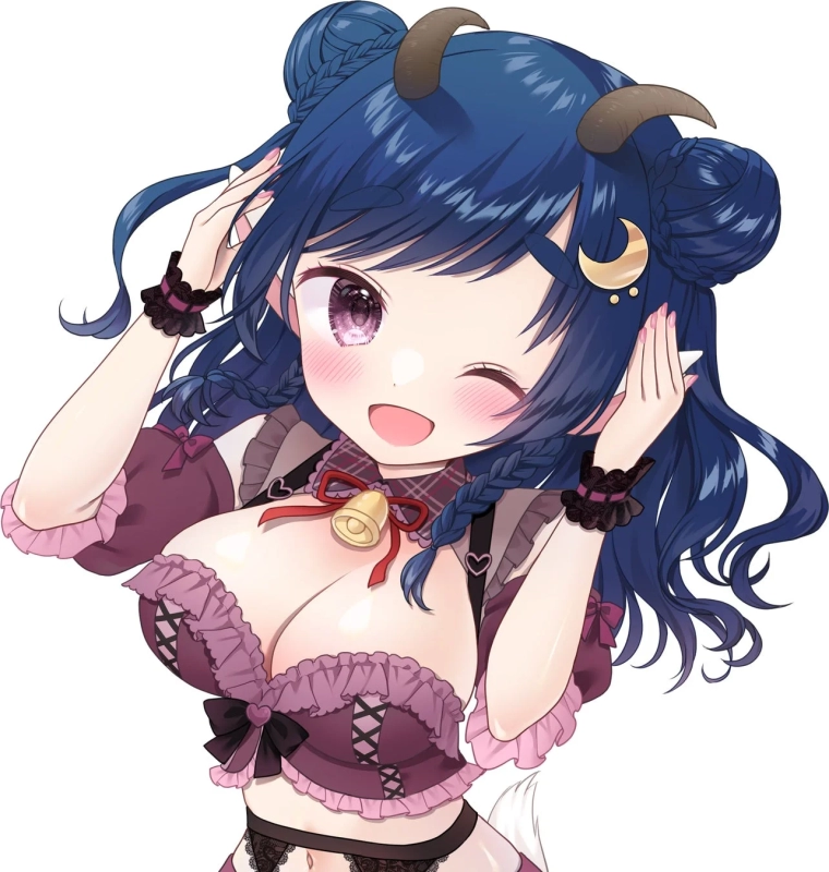 Tsurugi Tsuyu, a blue-haired VTuber with horns and a wink