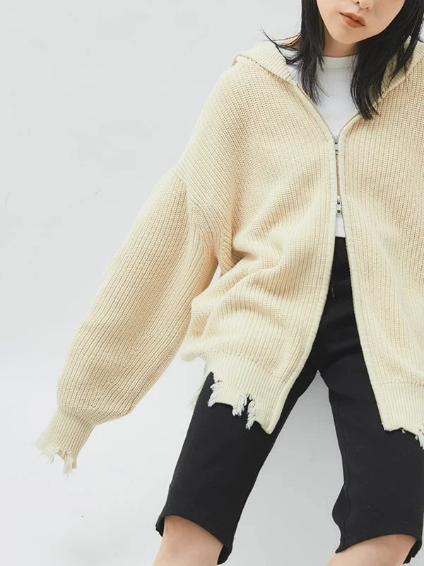 Damage Knit Hoodie Ivory