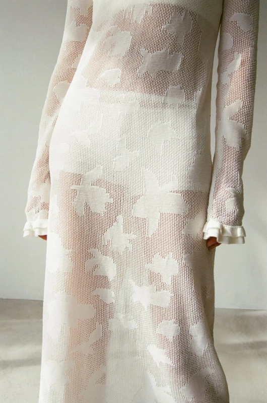 White sheer knit dress, floral texture