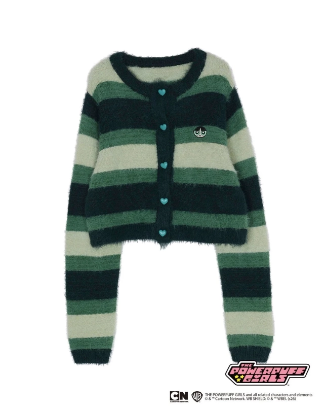 Powerpuff Girls Color Border Knit Cardigan (Green)