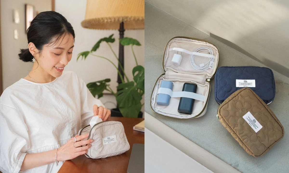 Woman using a quilting gadget pouch with a charger and cables