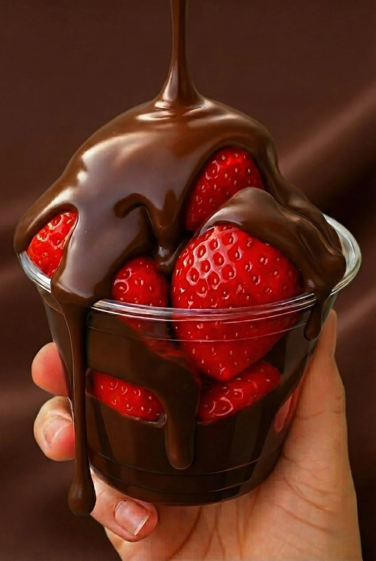 A close-up of fresh strawberries being generously coated with melted chocolate in a cup