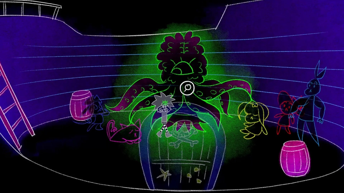 A surreal illustration featuring a giant, glowing octopus surrounded by various characters and a pirate ship in a dark, mysterious setting