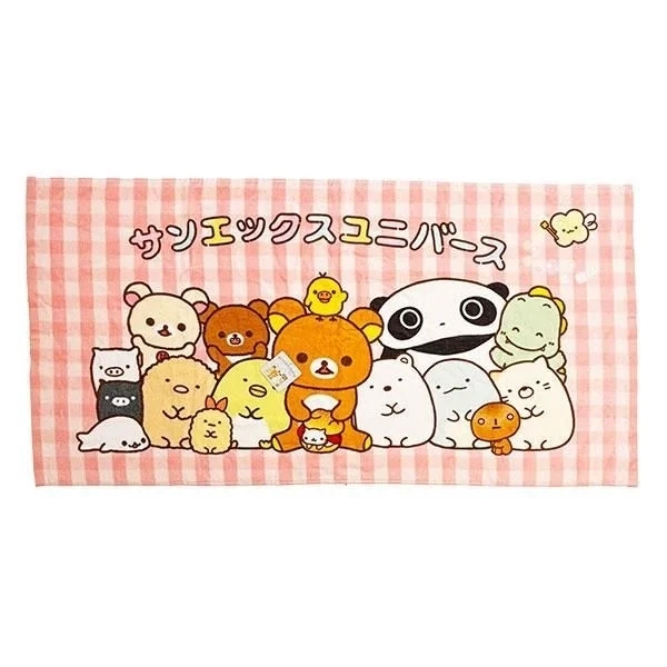San-X characters on a pink checkered towel