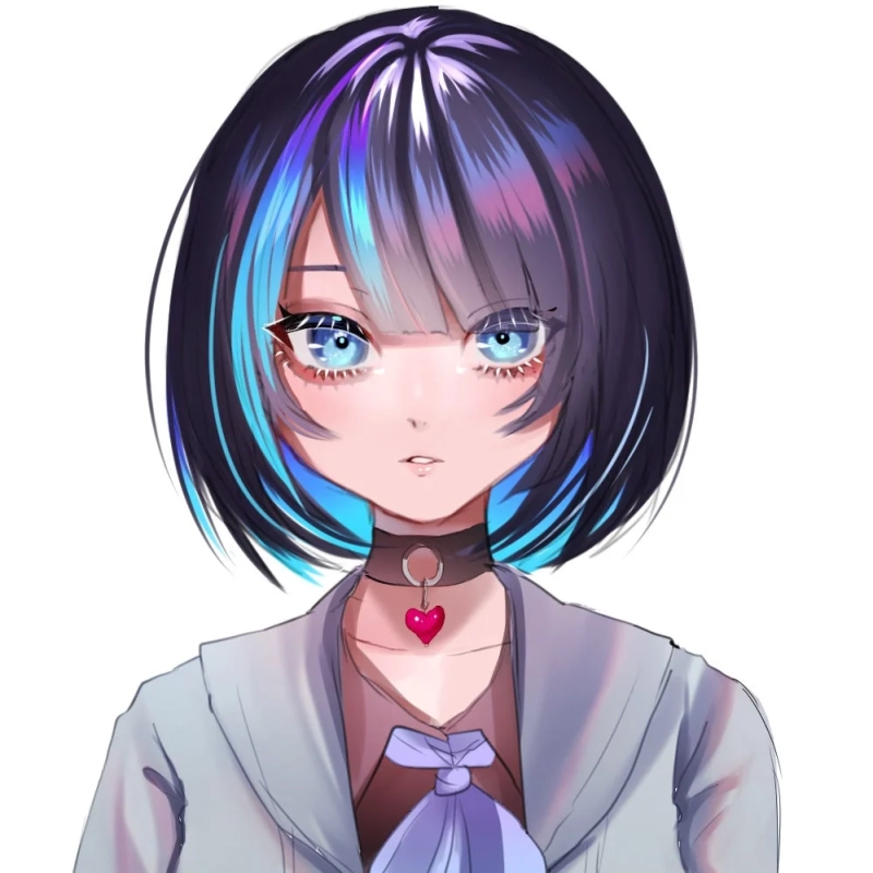 Mizuno Amane, a short-haired VTuber with blue eyes and a heart choker