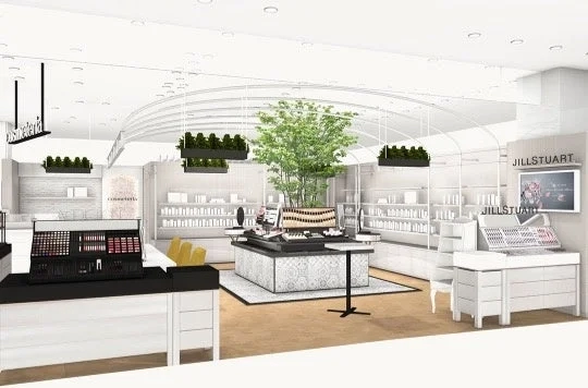 cosmeteria interior with plants and JILL STUART display.