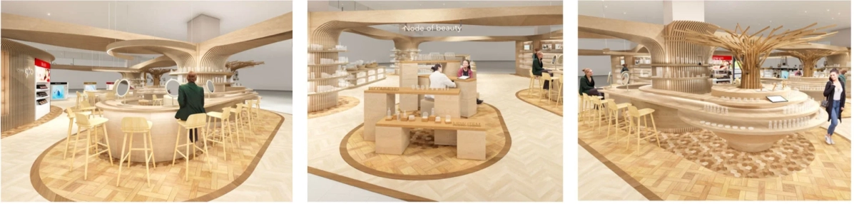 Interior of cosme910 featuring wooden fixtures and various cosmetic products.