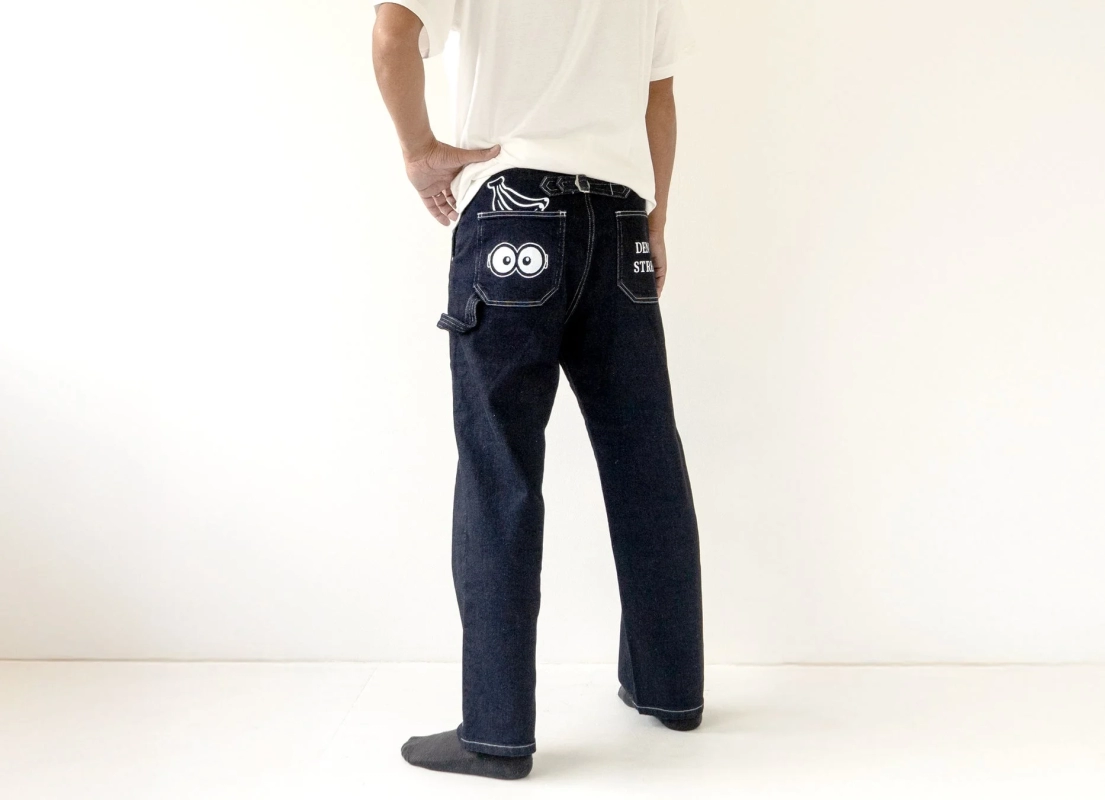 Minion-themed denim pants back pocket