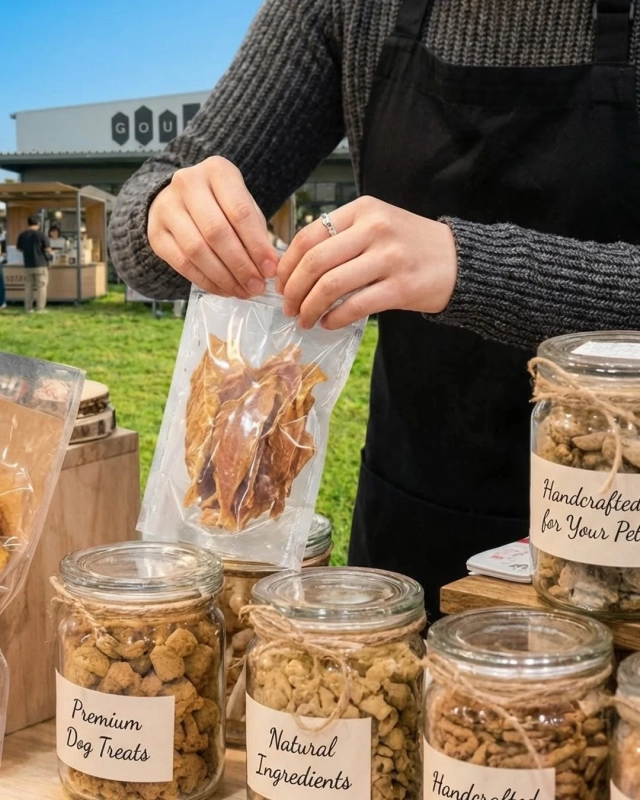An outdoor market stall where a person is bagging handmade dog treats, with jars of premium treats on display.